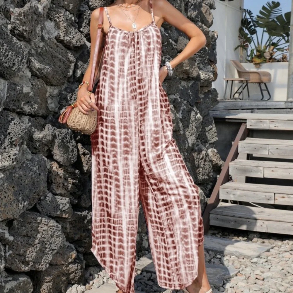 Boho Tie Dye Wide Leg Pants Pocket Jumpsuit - Picture 7 of 11